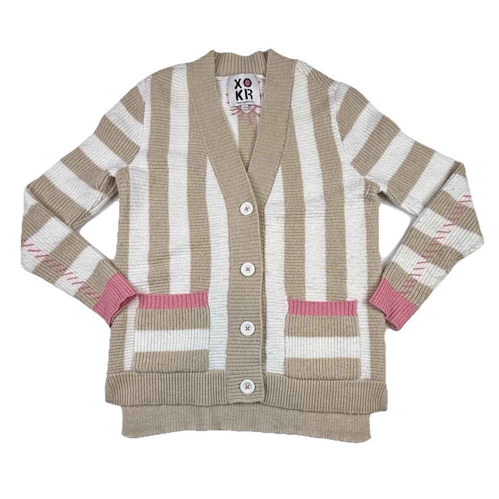 XO Kerri Rosenthal Striped Heart Cardigan Sweater Tan White Striped Women's S